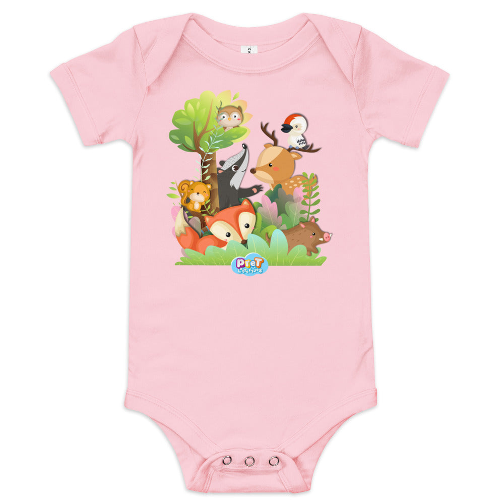 Baby Romper met Korte Mouw - Bosdieren - Roze-Pretlettertjes Shop