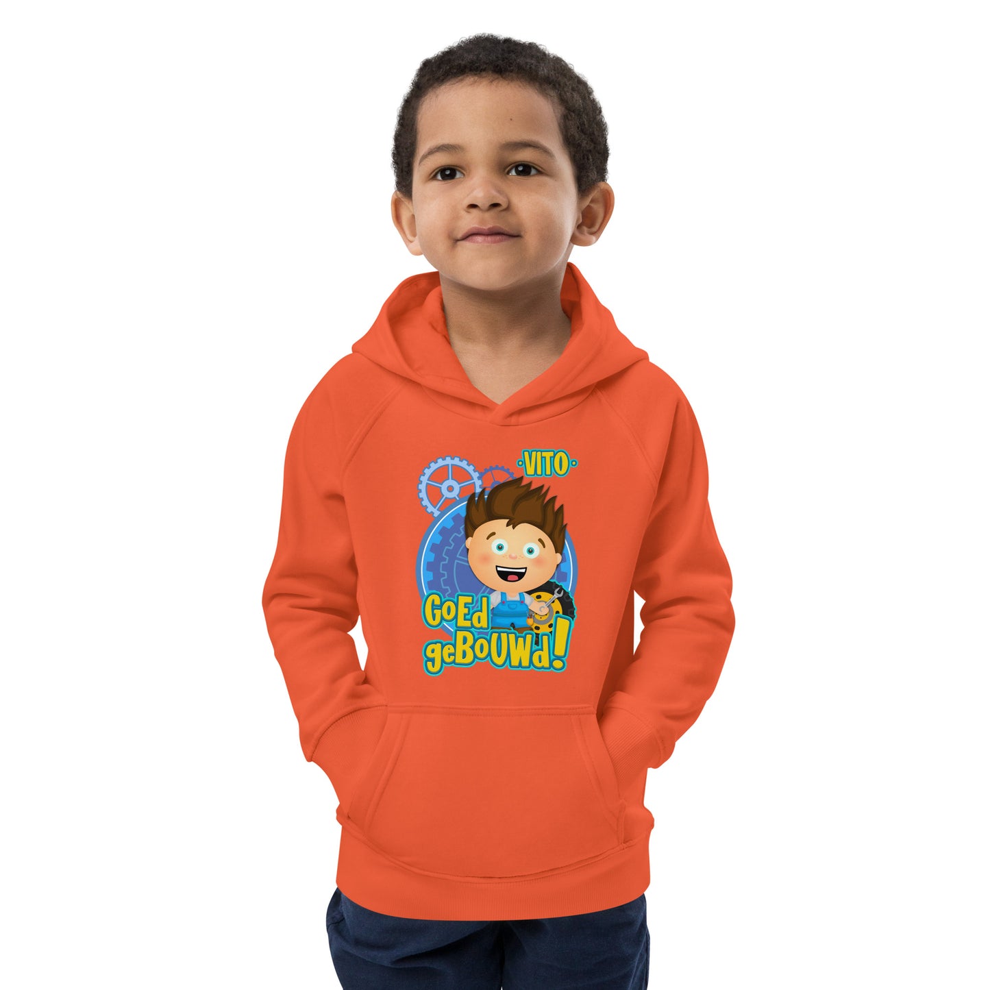 Eco hoodie voor kleuters - Vito's Voertuigen - Kleur Oranje-Pretlettertjes Shop