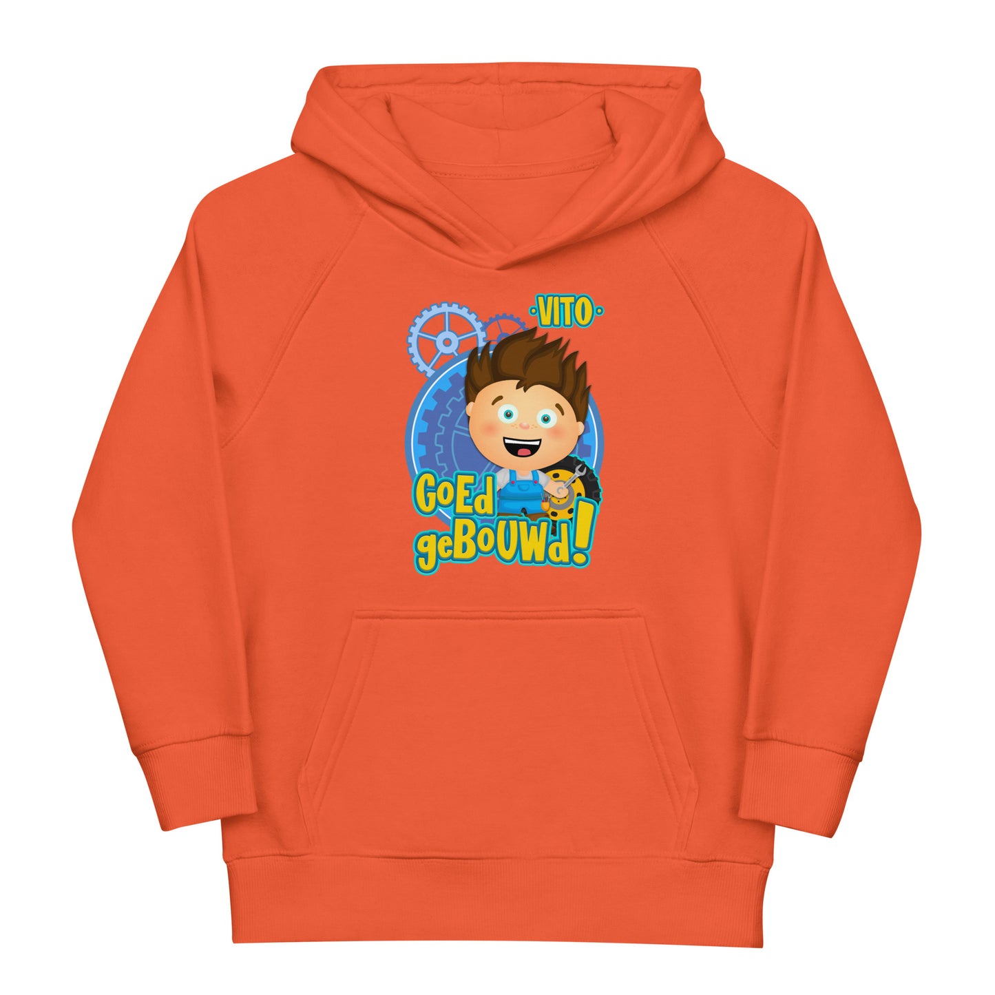 Eco hoodie voor kleuters - Vito's Voertuigen - Kleur Oranje-Pretlettertjes Shop