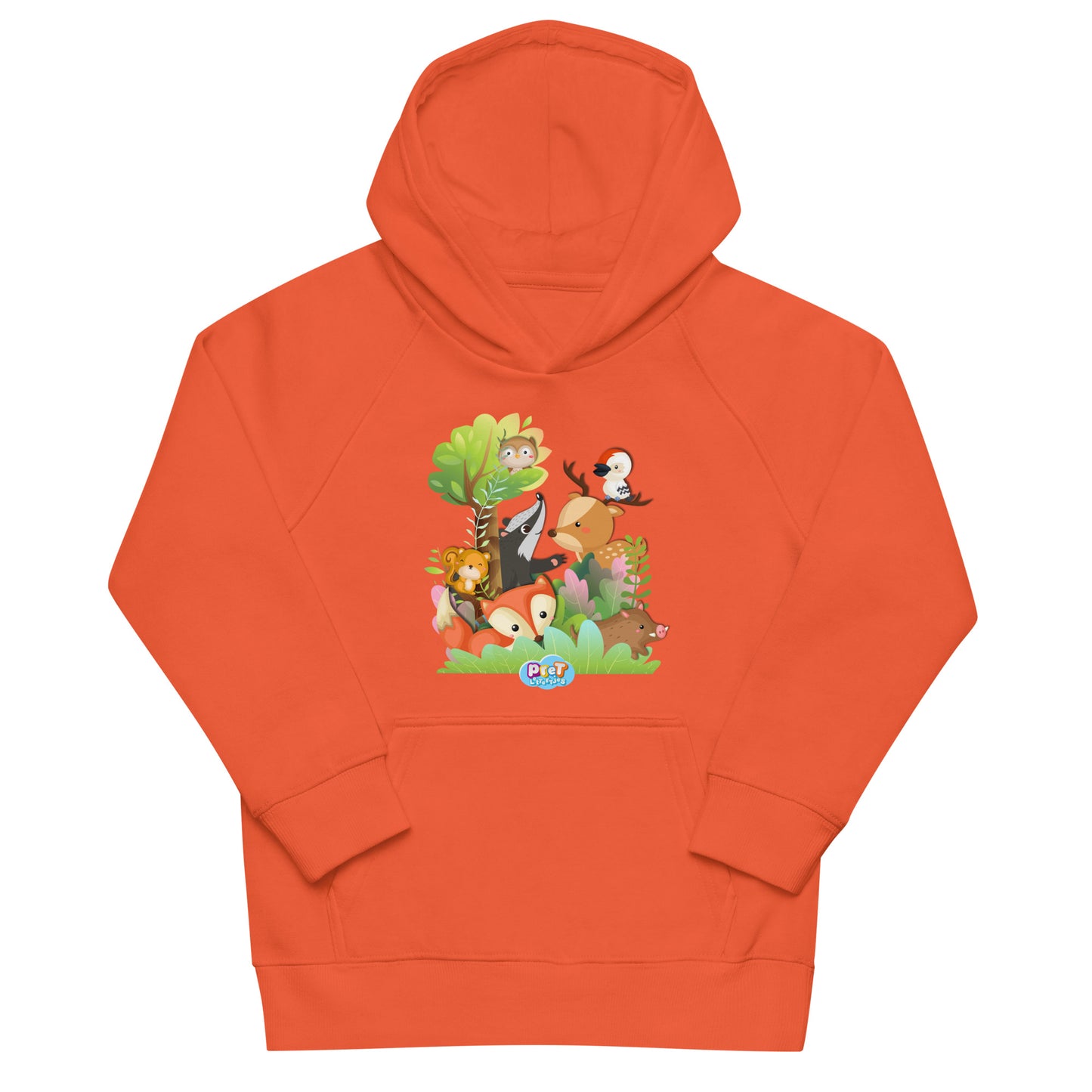 Eco hoodie voor Kleuters - Pretlettertjes Bosdieren - Kleur Oranje-Pretlettertjes Shop