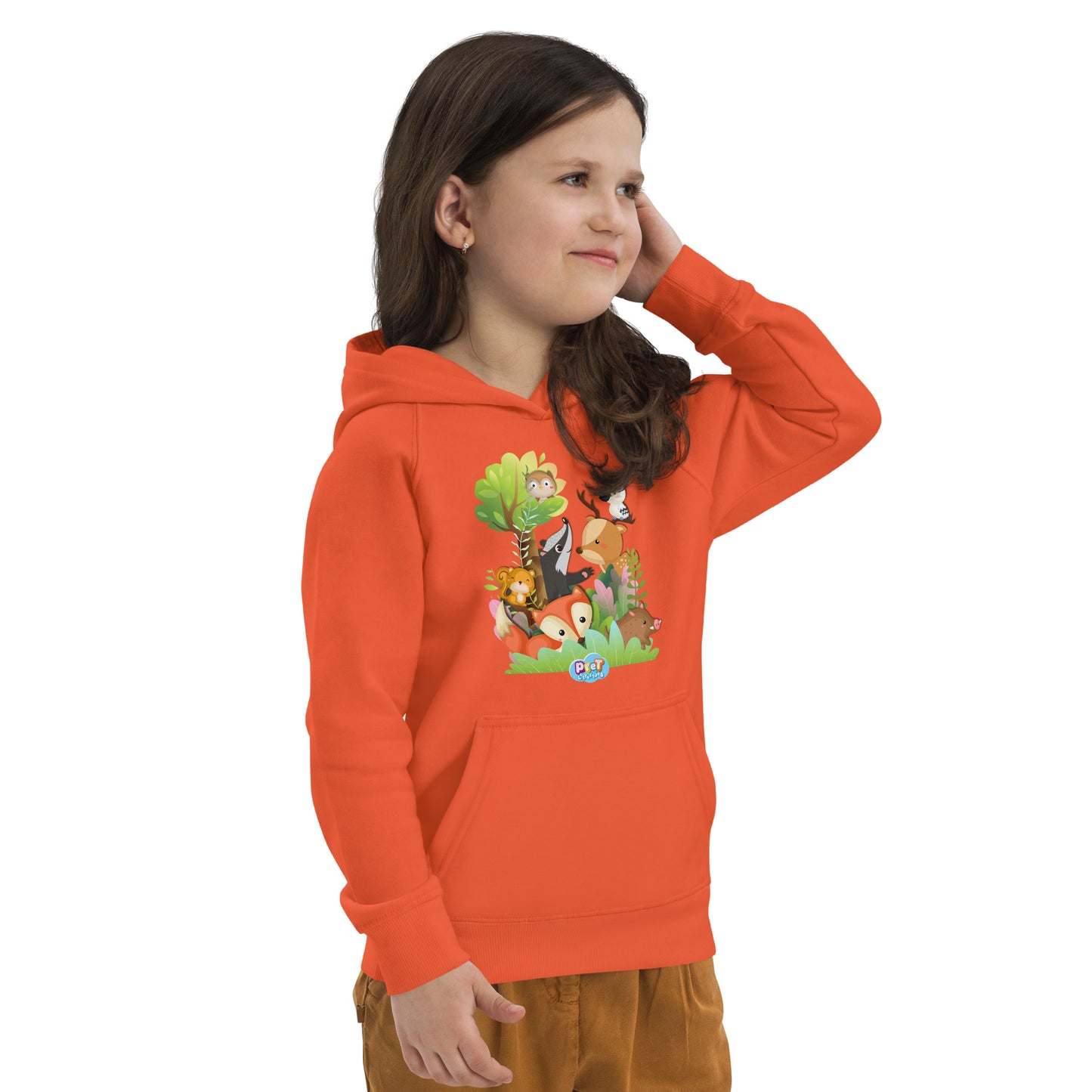 Eco hoodie voor Kleuters - Pretlettertjes Bosdieren - Kleur Oranje-Pretlettertjes Shop