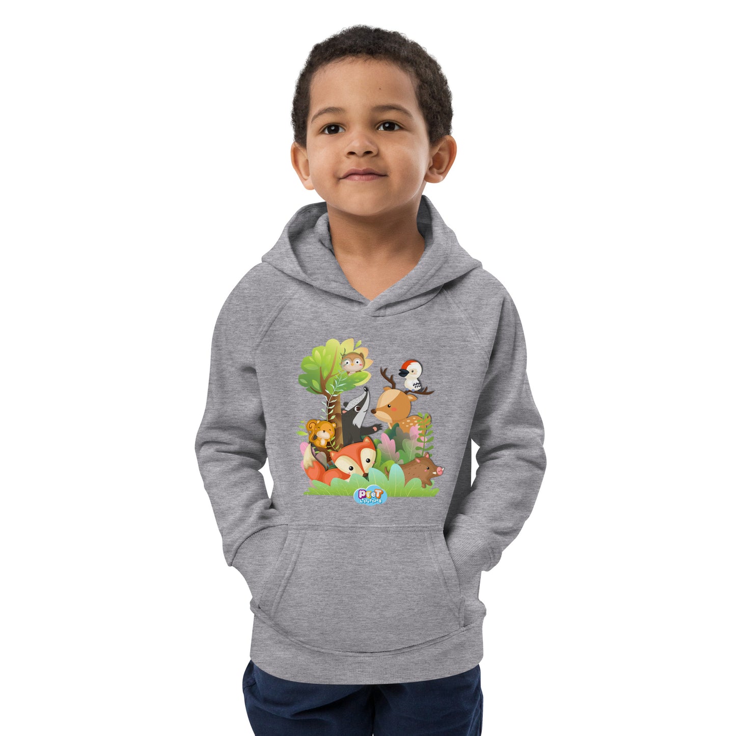 Eco hoodie voor kleuters - Pretlettertjes Bosdieren - Kleur Grijs-Pretlettertjes Shop