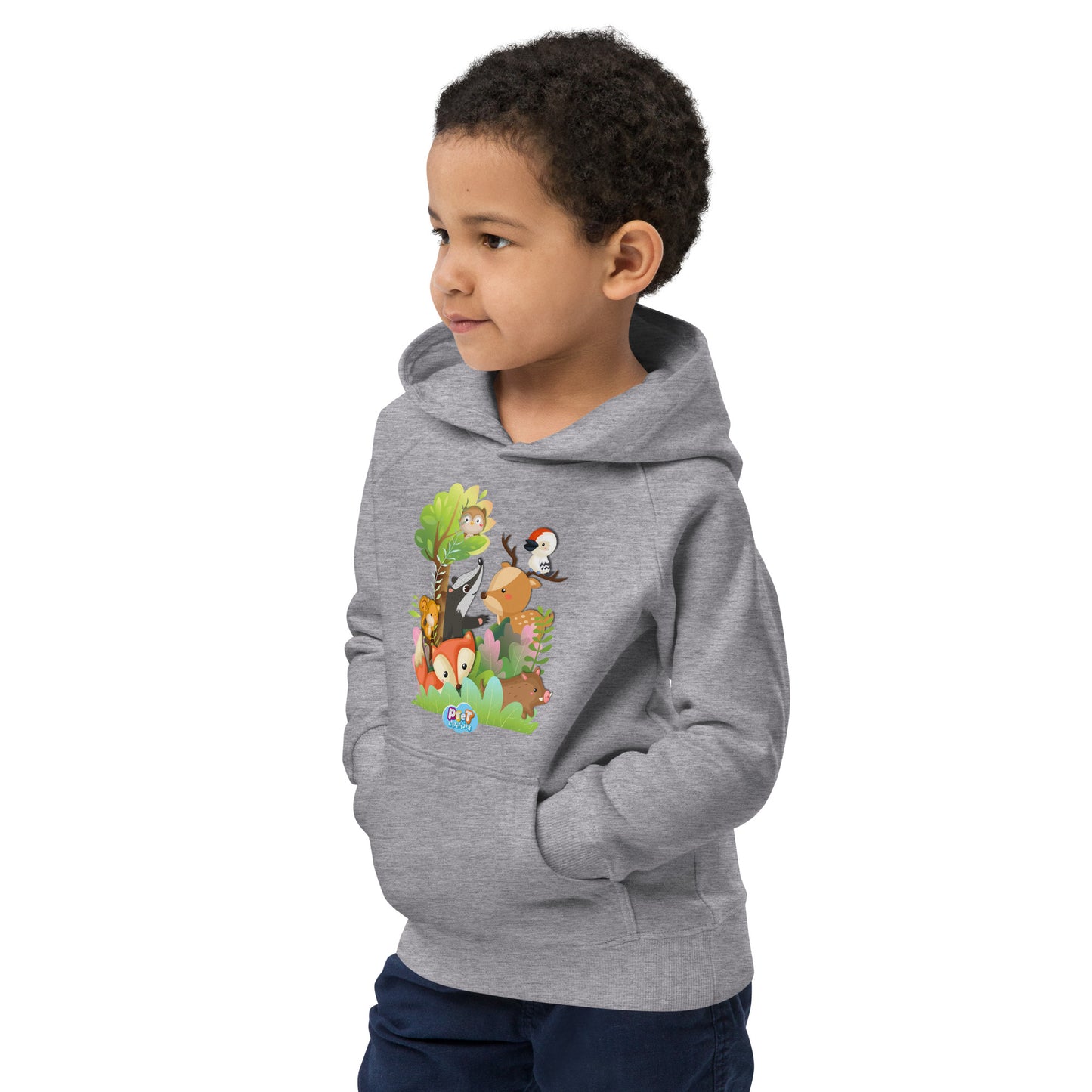 Eco hoodie voor kleuters - Pretlettertjes Bosdieren - Kleur Grijs-Pretlettertjes Shop