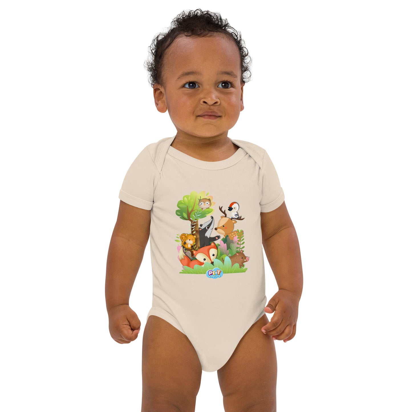 Baby Romper van Bio katoen - Bosdieren - Kleur Organic Naturel-Pretlettertjes Shop