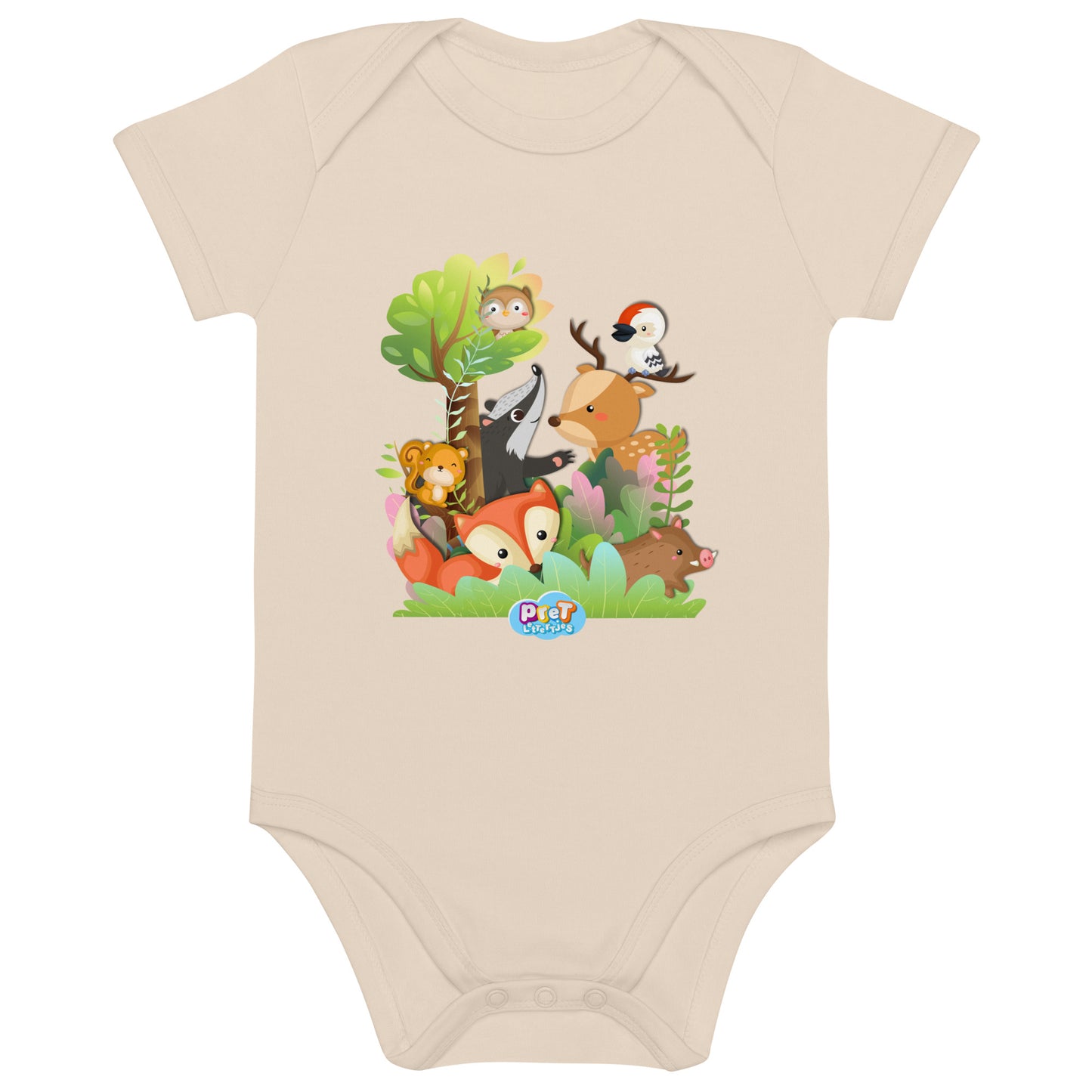 Baby Romper van Bio katoen - Bosdieren - Kleur Organic Naturel-Pretlettertjes Shop
