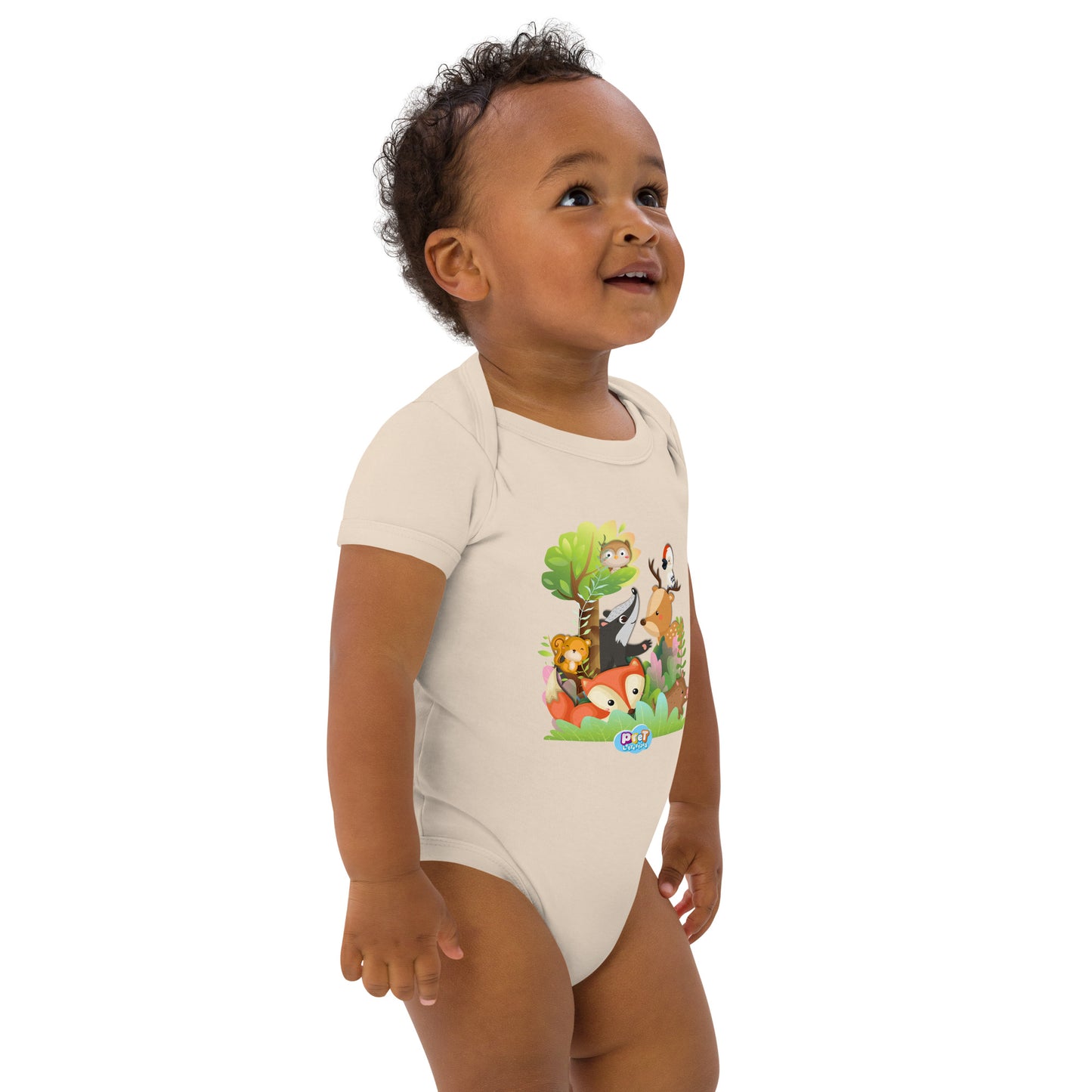 Baby Romper van Bio katoen - Bosdieren - Kleur Organic Naturel-Pretlettertjes Shop