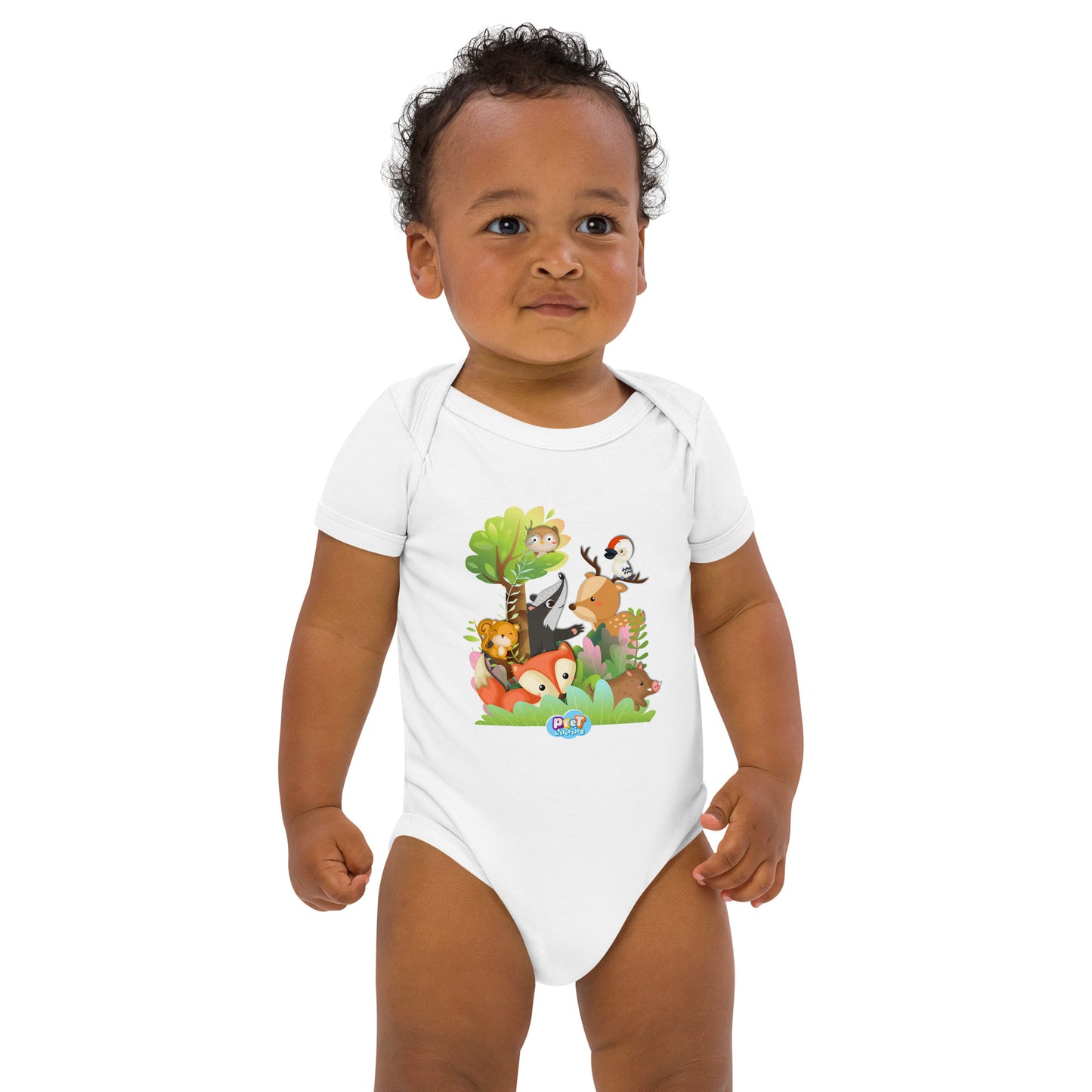 Baby romper van biologisch katoen - bosdieren - wit-Pretlettertjes Shop