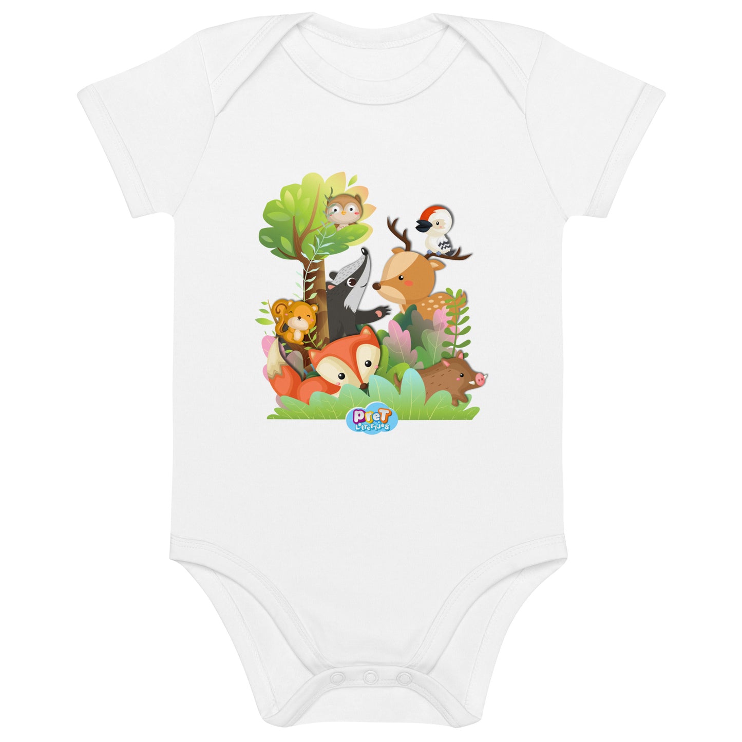 Baby romper van biologisch katoen - bosdieren - wit-Pretlettertjes Shop