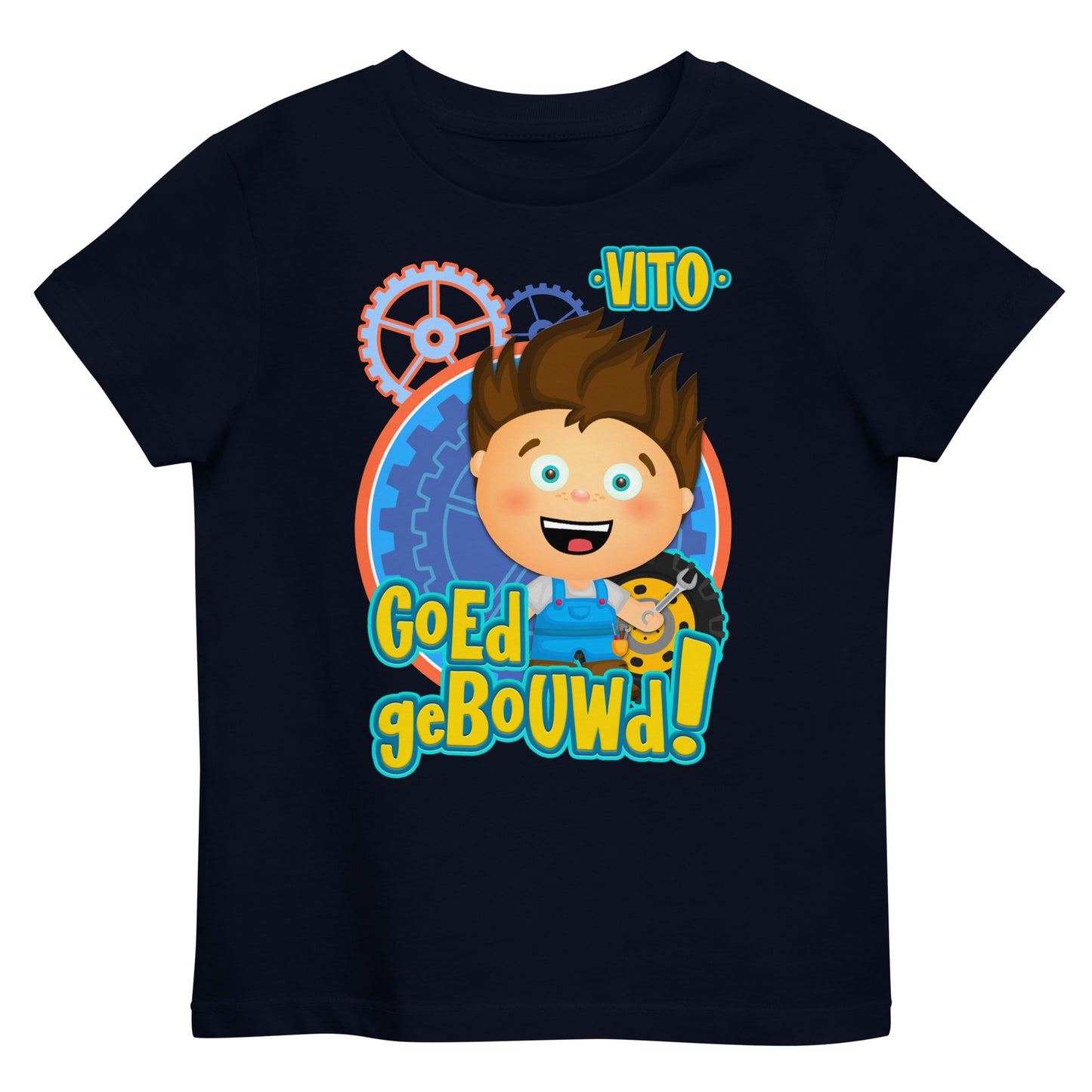 Biologisch katoenen T-shirt voor peuters - Vito's Voertuigen - kleur NAVY-Pretlettertjes Shop