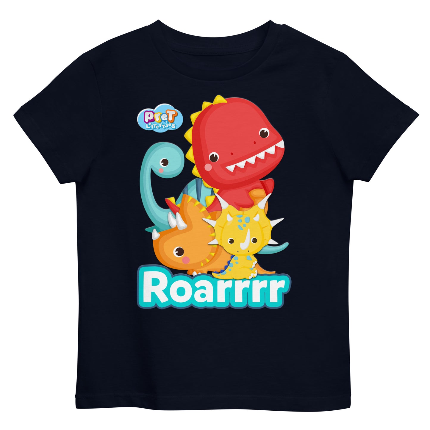 Biologisch katoenen T-shirt voor peuters - Dino's - Kleur Navy-Pretlettertjes Shop