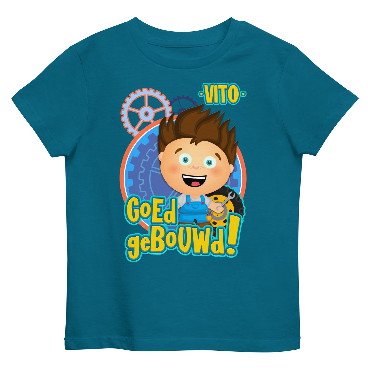 Biologisch katoenen T-shirt voor peuters - Vito's Voertuigen - Kleur Ocean Blue-Pretlettertjes Shop