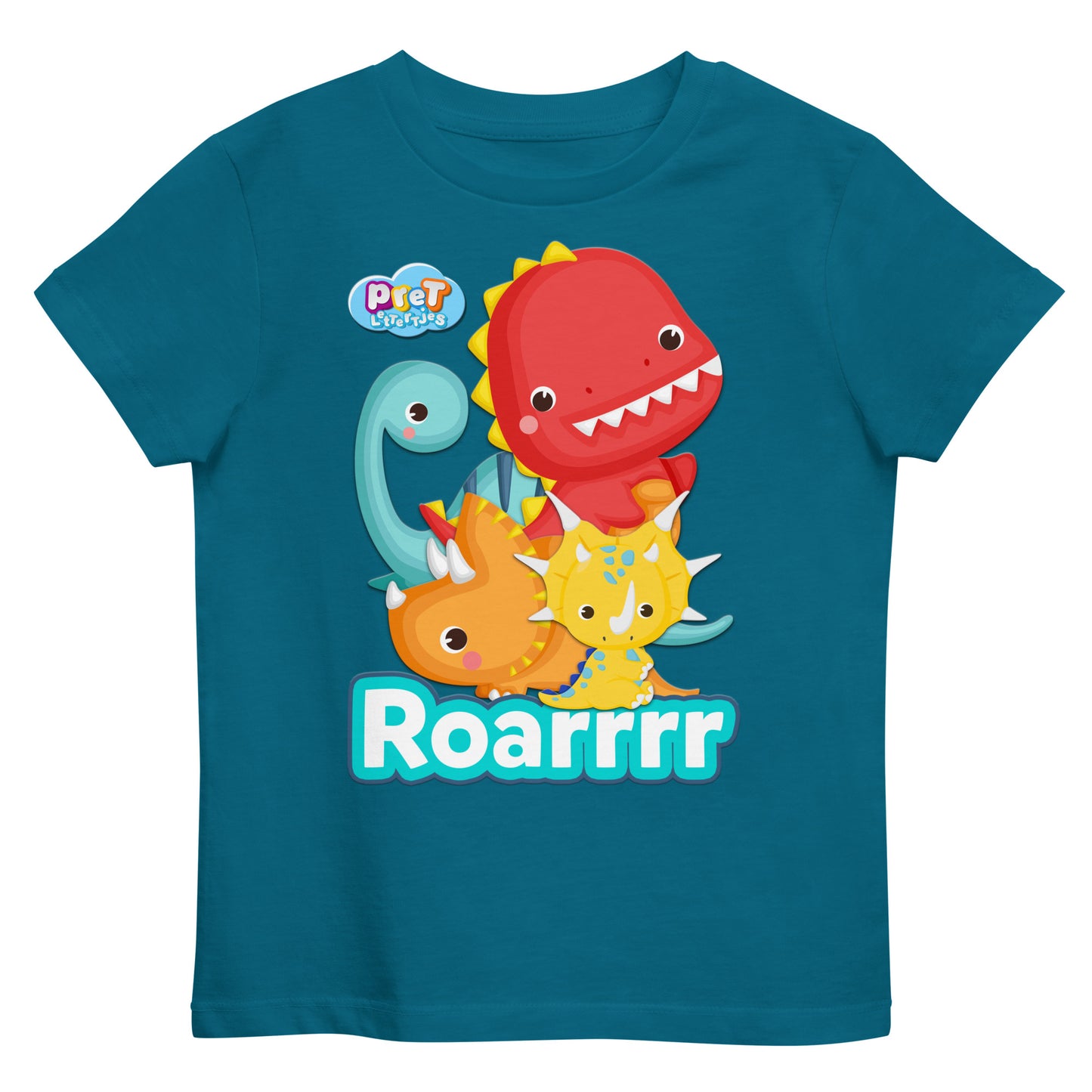 Biologisch katoenen T-shirt voor peuters - Dino's - Kleur Ocean-Pretlettertjes Shop
