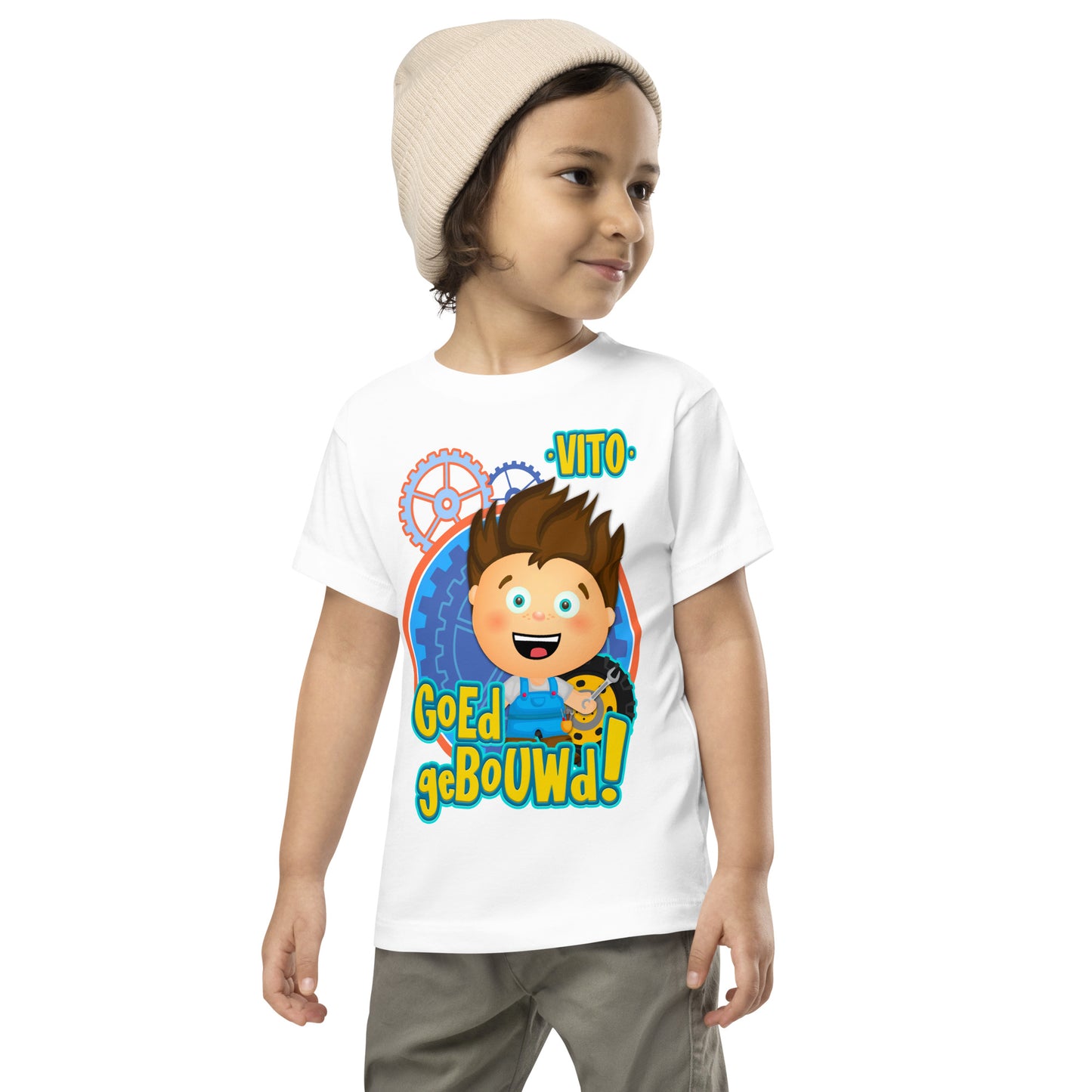 T-shirt met korte mouwen voor kleuters - Vito's voertuigen - kleur wit-Pretlettertjes Shop
