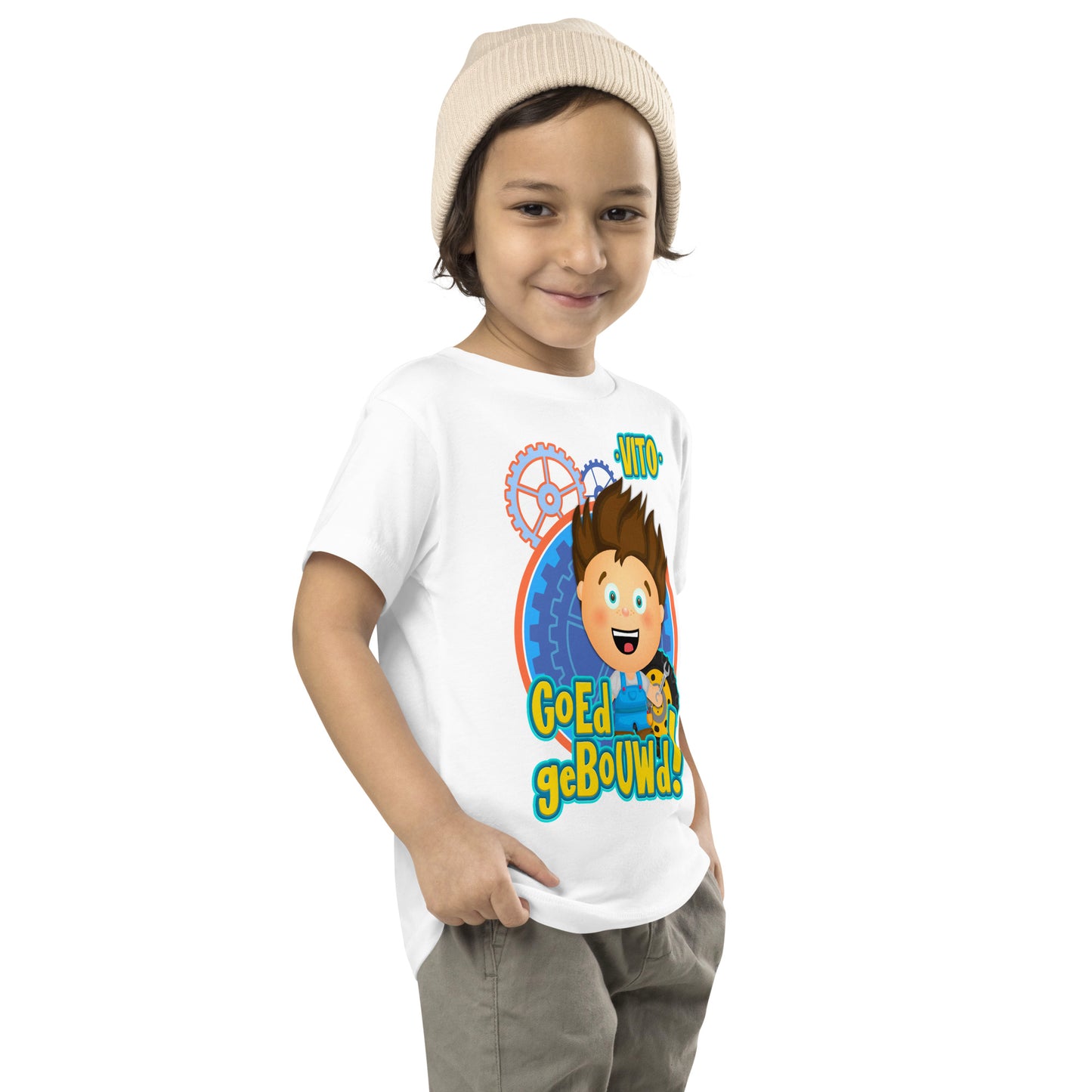 T-shirt met korte mouwen voor kleuters - Vito's voertuigen - kleur wit-Pretlettertjes Shop