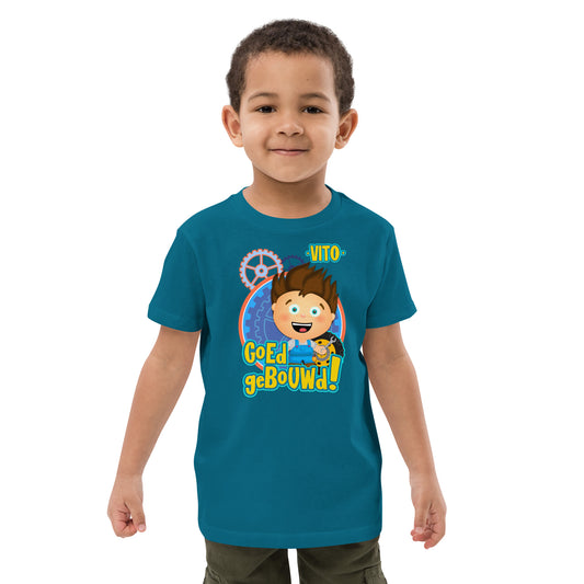 Biologisch katoenen T-shirt voor peuters - Vito's Voertuigen - Kleur Ocean Blue-Pretlettertjes Shop
